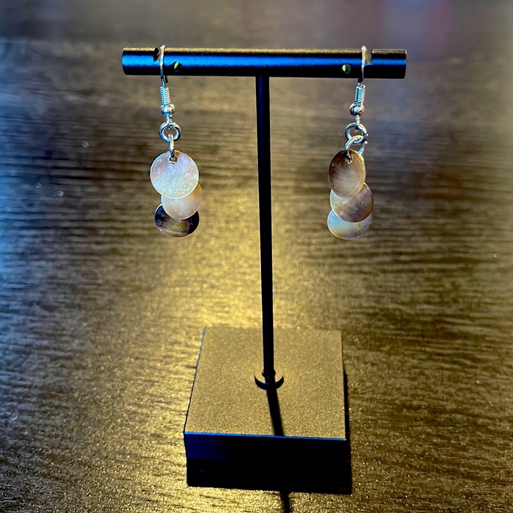 Lightweight abalone disc pierced earrings with silver chain. Wear all year long!
